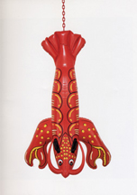 Jeff Koons, Lobster 2003. polychromed aluminum, steel, vinyl, 57-7/8 x 17-1/8 x37 inches plus variable length of chain, Courtesy C&M Arts