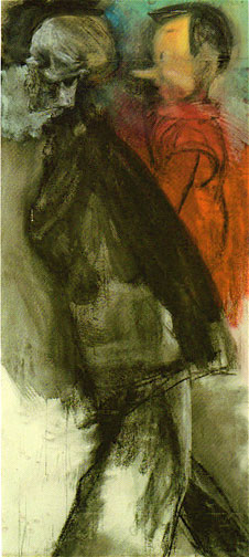 Walking With Me 1997, charcoal, shellac, oil and pastel on paper, 67 x 30 inches, Courtesy the Block Museum of Art and the Artist