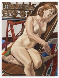 Philip Pearlstein, Model with Choohoo Weathervane and African Chair, 2010. Oil on canvas, 48 x 36 inches. Courtesy of Betty Cuningham Gallery