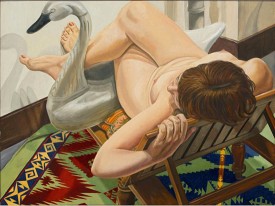 Philip Pearlstein, Model on Wooden Lounge with Swan, 2013. Oil on canvas, 30 x 40 inches. Courtesy of Betty Cuningham Gallery