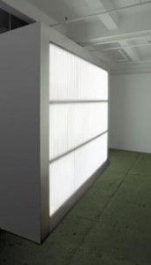 Alfredo Jaar, The Sound of Silence, 2006, installation with wood, aluminum, fluorescent lights, strobe lights and video projection (8 minutes)