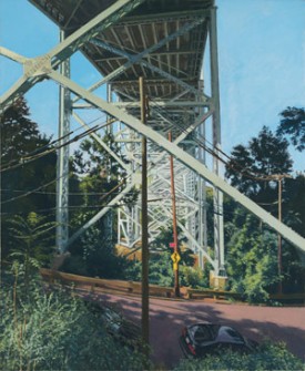 Rackstraw Downes, Henry Hudson Bridge Substructure, A.M./ P.M., 2006. Oil on canvas, 39 x 32 inches (Part I, A.M, of the diptych)