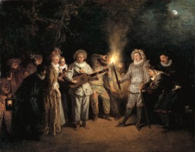 Jean-Antoine Watteau, Love in the Italian Theater (L'Amour au théâtre italien 1716. Oil on canvas; 14-5/8 x 18-7/8 inches. Gemäldegalerie, Staatliche Museen Preussischer Kulturbesitz, Berlin.
