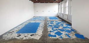 Mel Bochner, Theory of Painting 1969-1970. Blue spray paint on newspaper on floor, vinyl on wall, size determined by installation. Collection: Museum of Modern Art, New York, photo by James Ewing