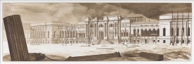 Pablo Bronstein, The Museum Nearing Completion as Seen from Fourth Avenue 2009. Ink on paper, 44-7/8 x 138 inches (114 x 350 cm). images courtesy the artist, Herald St., London