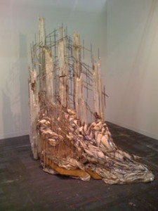 Diana Al-Hadid, Actor 2009. Wood, polystrene foam plaster, polymer gypsus fiberglass, aluminum foil, silverleaf, paint, 90 x 84 x 44 inches, on view with Galerie Michael Janssen, Berlin at the Armory Show