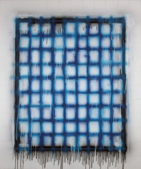 Adrian Ting, Contained Grid (Black Blue Blue), 2010. Acrylic and enamel on canvas, 54 x 42 inches, courtesy Christopher Henry Gallery