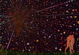 Fred Tomaselli, Untitled (Expulsion), 2000, Leaves, pills, mushrooms, photo collage, acrylic, and resin on wood panel, 84 x 120 inches, Collection of Peter Norton