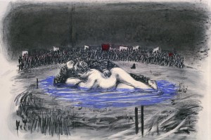 William Kentridge, Drawing for the film Sobriety, Obesity & Growing Old [Soho and Mrs. Eckstein in Pool], 1991. Charcoal and pastel on paper, 47-1/4 x 59 inches. Collection of the artist © 2010 William Kentridge. Photo: John Hodgkiss, courtesy the artist