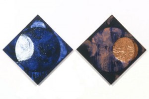 Dorothea Rockburne, The Twins: Castor & Pollux, 2002. Lascaux Aquacryl and copper on gesso prepared linen, two panels, each 24 x 24 inches.