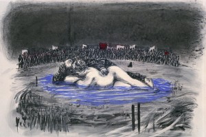 William Kentridge, Drawing for the film Sobriety, Obesity & Growing Old [Soho and Mrs. Eckstein in Pool], 1991. Charcoal and pastel on paper, 47-1/4 x 59 inches. Collection of the artist © 2010 William Kentridge. Photo: John Hodgkiss, courtesy the artist