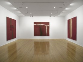 installation shot of the exhibition under review showing, left to right, Michael Goldberg, Dear Wo, 1962, The Wife, 1962, Sam Wells, 1962. Courtesy Knoedler & Company