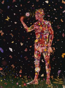Fred Tomaselli, Fungi and Flowers, 2002, Leaves, photo collage, acrylic, and resin on wood panel, 48 x 36 inches, Private collection, courtesy James Cohan Gallery, New York