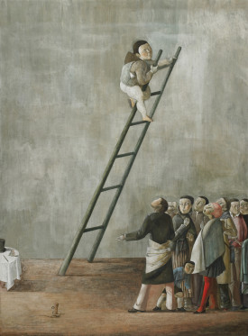 Xiao Gua Hui, Ladder Man, 2008. Egg tempera on linen, 185 x 140 cm. Courtesy Art Interview Online Magazine