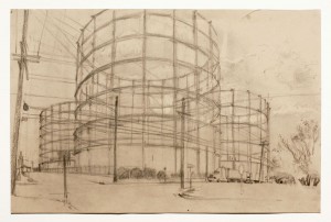 Rackstraw Downes, Obsolete Gas Tanks, Bayway, NJ, 1996. Graphite on grey/brown paper, 20-1/2 x 31 inches. Courtesy of Betty Cuningham Gallery