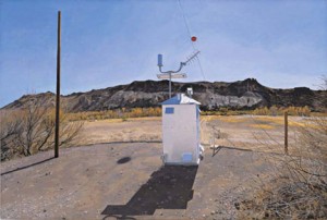 Rackstraw Downes Water-Flow Monitoring Installations on the Rio Grande near Presidio, TX, 2002-2003 (5 parts. Part 1: Facing South, The Gauge Shelter, 1.30pm), oil on canvas, 28.5 x 42 inches, Courtesy Betty Cuningham Gallery