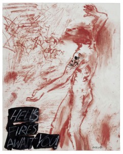 Leon Golub, Hell’s Fires Await You!, 2003. Oil stick, acrylic and ink on Bristol, 10 x 8 inches. Courtesy Ronald Feldman Fine Arts, New York © Estate of Leon Golub/Licensed by VAGA, New York, NY. Photograph by