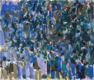 Joan Mitchell, Untitled, 1977. Oil on canvas diptych, 76-3/4 x 89-3/4 inches overall. Courtesy of Cheim & Read