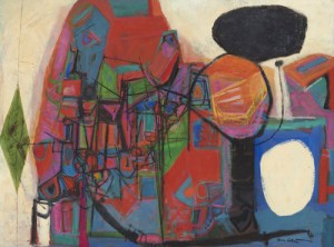 Oscar Cahén, Austin Healey 100 Engine, 1954. Oil on masonite, 36 x 48 inches. Courtesy of Horton Gallery