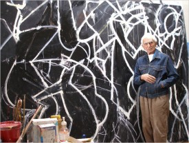 Nicolas Carone with "Psychic Blackout," in progress, 84 x 108 in. 2007. Photo: Courtesy Wasburn Gallery