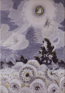 Charles Burchfield, Dandelion Seed Heads and the Moon, 1961-1965, Watercolor, gouache, charcoal, and graffito on lightly textured white wove paper faced on ¼-inch thick laminated gray cardboard, 56 × 39-5?8 inches, Courtesy Karen and Kevin Kennedy Collection