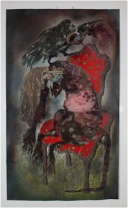 Wangechi Mutu, Nobody loves me. It's true., 2010. Mixed media ink, paint, collage and Mylar, 95 x 54 Inches, Courtesy Gladstone Gallery