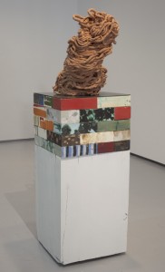 Arlene Shechet, Sleepless Color, 2009-2010, Unglazed fired ceramic, glazed kiln bricks, painted hardwood, 9 x 18 1/8 x 60 3/8 Inches, Courtesy Jack Shainman Gallery