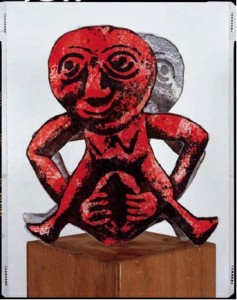 Nancy Spero, Coffee Table Sheela, 1985. Plexiglass and handprinting on paper cutout, 19 x 16 x 4 inches. Reproduced from the book under review.