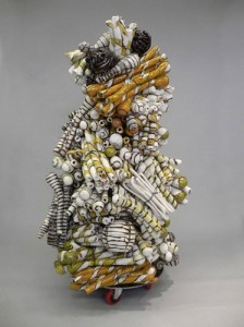 Annabeth Rosen, Blockade, 2009. Ceramic, bailing wire, steel plate and neoprene casters, 63 x 26 x 33 inches. Courtesy of Meulensteen