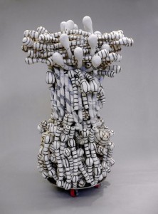 Annabeth Rosen, Doxa, 2009. Ceramic, bailing wire, steel plate and neoprene casters, 58 x 38 x 26 inches. Courtesy of Meulensteen