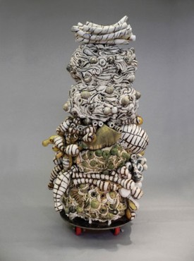 Annabeth Rosen, Ztheo, 2009. Ceramic, bailing wire, steel plate and neoprene casters, 58-1/2 x 33 x 26 inches. Courtesy of Meulensteen