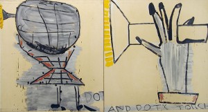 Rose Wylie, DOT and Detail, 2004. Oil on canvas, 74 x 144 inches. Courtesy of Thomas Erben Gallery New York