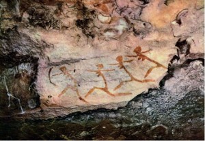 Four Running Women. Paint on rock, Unbalanya Hill, Arnhem Land, Northern Territory, Australia. Photograph by William Brindle