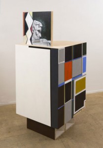 Pam Lims, Lincoln bookend obstruction, 2010. Acrylic on panel, acrylic paint, plaster, ACX plywood, approx. 60 x 23 1/2 x 23 1/2 inches. Courtesy Rachel Uffner Gallery