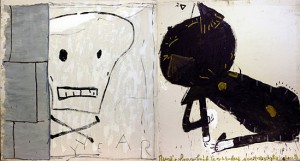 Rose Wylie, Cat and Skull, 2010. Oil on canvas, 72 x 135 inches. Courtesy of Thomas Erben Gallery New York