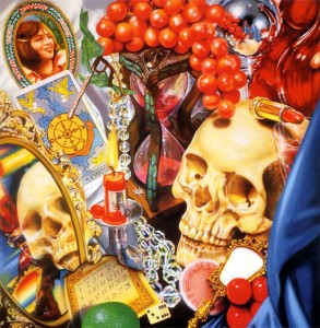 Audrey Flack, Wheel of Fortune (Vanitas), 1977-1978. Oil over acrylic on canvas, 96 x 96 inches. Courtesy of Gary Snyder Project Space.