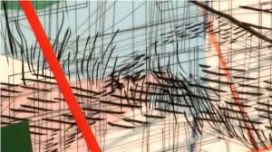 still from a 2010 film by PBS Art21 showing work in progress on Julie Mehretu's Goldman Sachs Mural