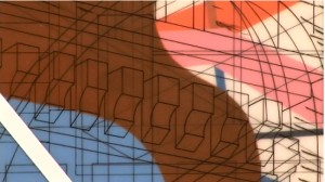 still from a 2010 film by PBS Art21 showing work in progress on Julie Mehretu's Goldman Sachs Mural