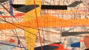 still from a 2010 film by PBS Art21 showing work in progress on Julie Mehretu's Goldman Sachs Mural