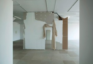 Gedi Sibony, The Cutters, From The Center, Her Trumpeted Spoke Lastly, 2007/2010. Canvas, paint, wall, hollow-core door, matted drawing reversed in frame, 137 x 164 x 13 inches. Courtesy Greene Naftali Gallery, New York. Photo: John Berens