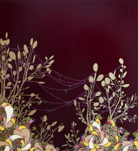 Benicia Gantner, Ruby + Gold Waterweb, 2010. Vinyl collage on plexiglas, mounted on wood frame, 42 x 48 inches. Courtesy of Walker Contemporary, Boston