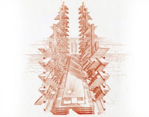 Paul Rudolph, Perspective rendering of vertical housing elements at the approach to the Williamsburg Bridge, 1970. Brown ink on paper, 29 x 30 inches. Courtesy of the Paul Rudolph Archive, Library of Congress Prints and Photographs Division.