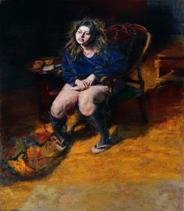 Stefanos Daskalakis, Myrto in blue velour, 2005-6. Oil on canvas, 210 x 180 cm.