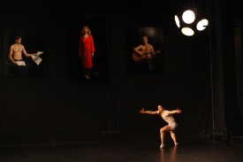 Dancer Rebecca Warner with paintings by TM Davy on the set of Sarah Michelson's Devotion at the Kitchen, January 2011. Courtesy of The Kitchen. Photograph by Paula Court.