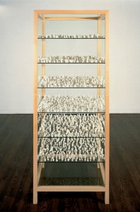 Charles LeDray, Milk and Honey, 1994–96. 2000 porcelain objects, glass, and wood, 77 × 30 × 30 in. (195.6 × 76.2 × 76.2 cm) overall. Whitney Museum of American Art, New York; purchase with funds from the Contemporary Painting and Sculpture Committee 96.75a-b