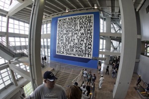 Mel Bochner, Win! 2009. Acrylic on Wall?38 feet 2 inches by 33 feet 3 inches. Located in Northeast Monumental Staircase. Photo: James Smith/Dallas Cowboys