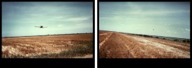 Eve Sonneman, Cropdusting, Clovis, New Mexico, 1978. Diptych photographs on Cibachrome paper, 20 x 30 inches. Courtesy of Nohra Haime Gallery.