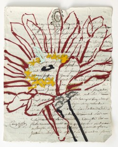 Robert Kushner, Scriptorium: Devout Exercises of the Heart, 2010. From a set of drawings on antique book pages, sizes variable. Courtesy of DC Moore Gallery