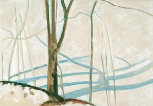 Lois Dodd, Blair Pond Frozen, 2010. Oil on masonite, 14 x 19 3/4 Inches. Courtesy of Alexandre Gallery