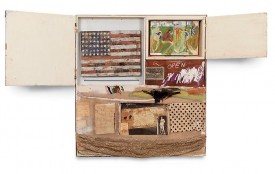 Robert Rauschenberg, Short Circuit (Combine Painting), 1955. Oil, fabric and paper on wood supports and cabinet with two hinged doors containing a painting by Susan Weil and a reproduction of a Jasper Johns Flag painting by Elaine Sturtevant, 40-3/4 x 37-1/2 x 4-1/4 inches. Courtesy of Gagosian Gallery